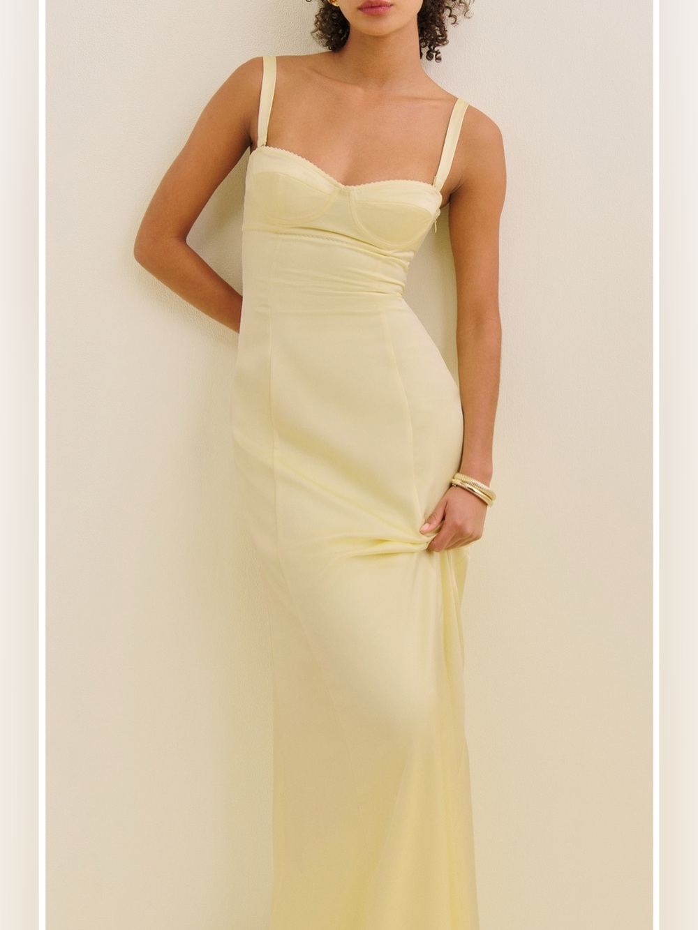 Reformation x Devon Lee Carlson NWT Britney Satin Dress Maxi Corset Yellow